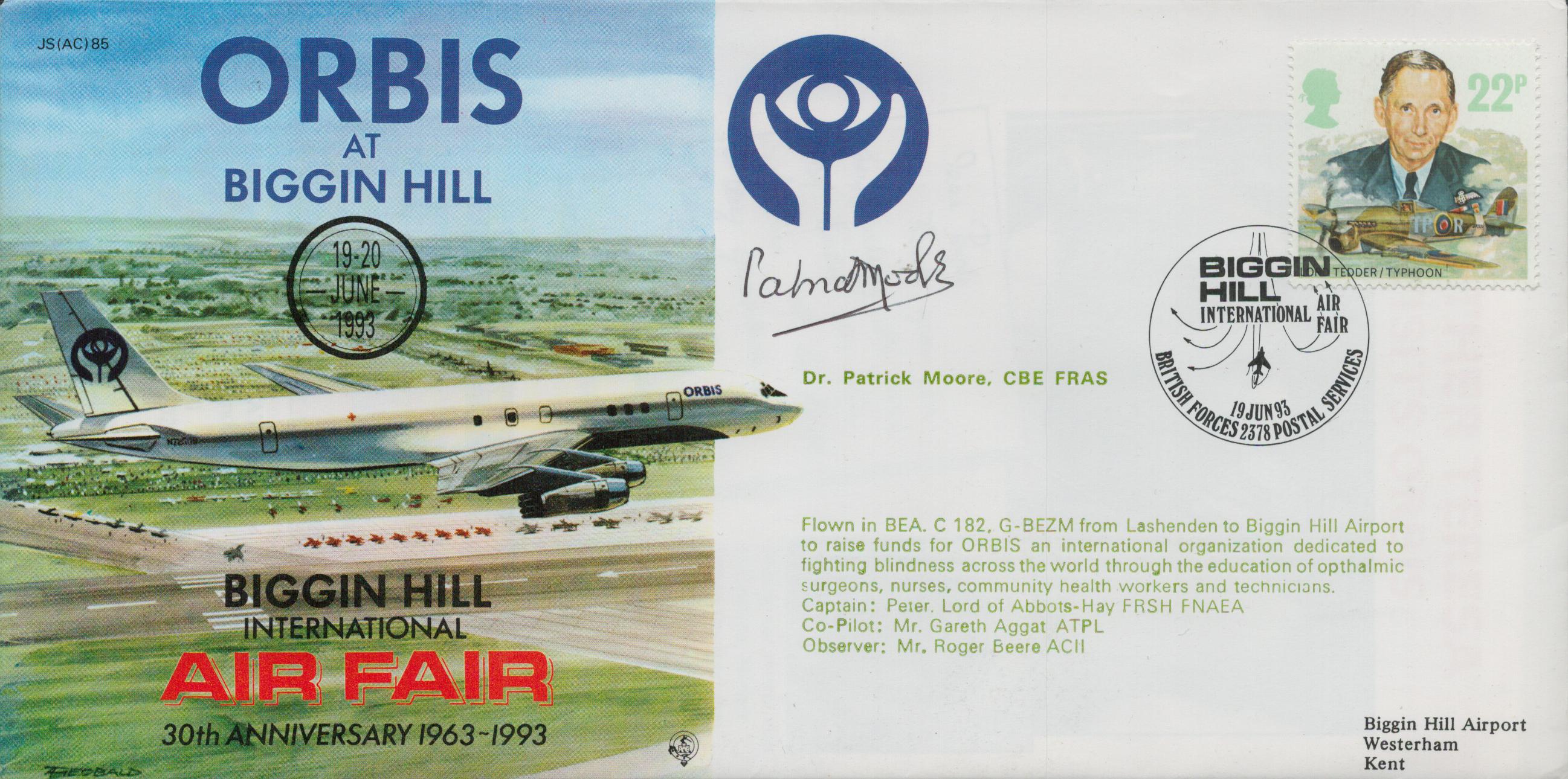 Patrick Moore signed Biggin Hill International Air fair FDC. Good Condition. All autographs come