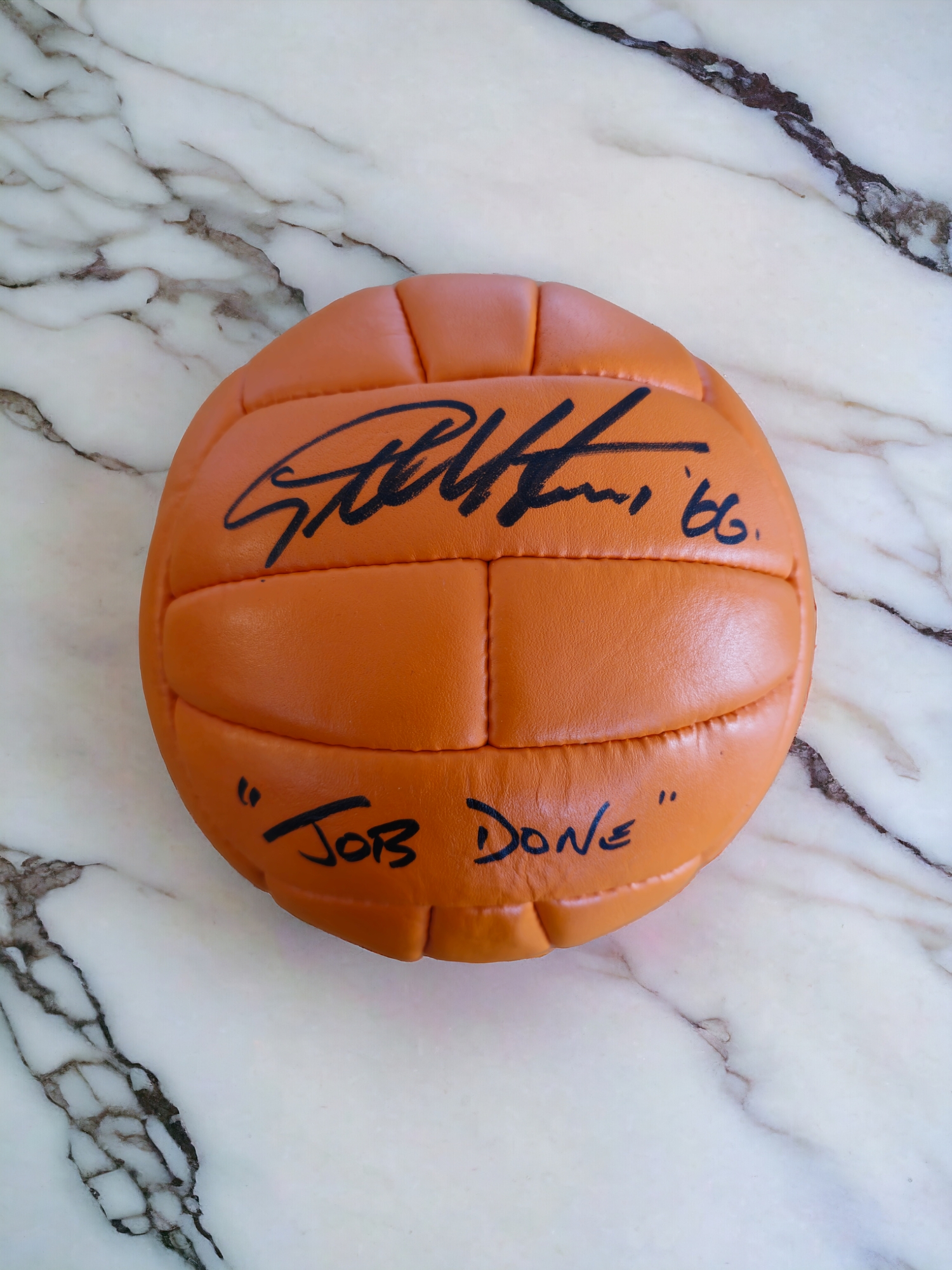 Geoff Hurst signed replica 1966 World cup final leather football inscribed "Job Done". Good