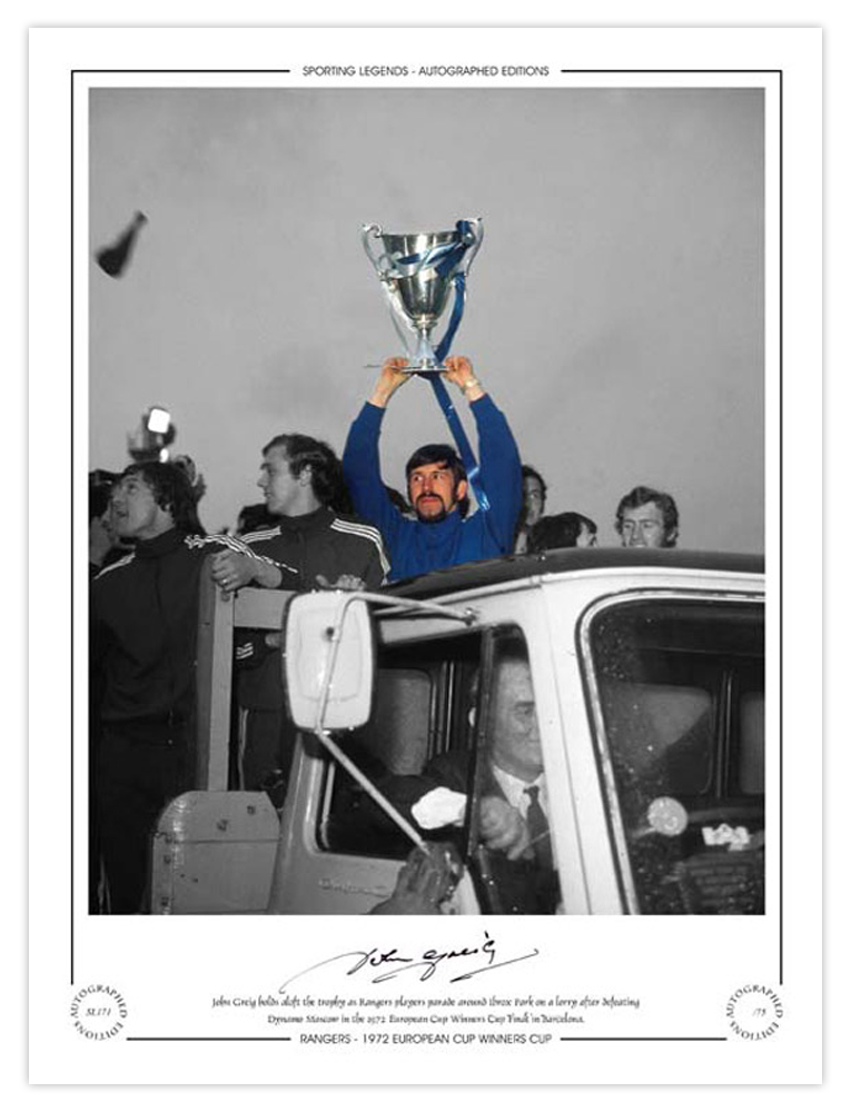 Autographed JOHN GREIG 16 x 12 Limited Edition : Colorized, depicting Rangers captain JOHN GREIG