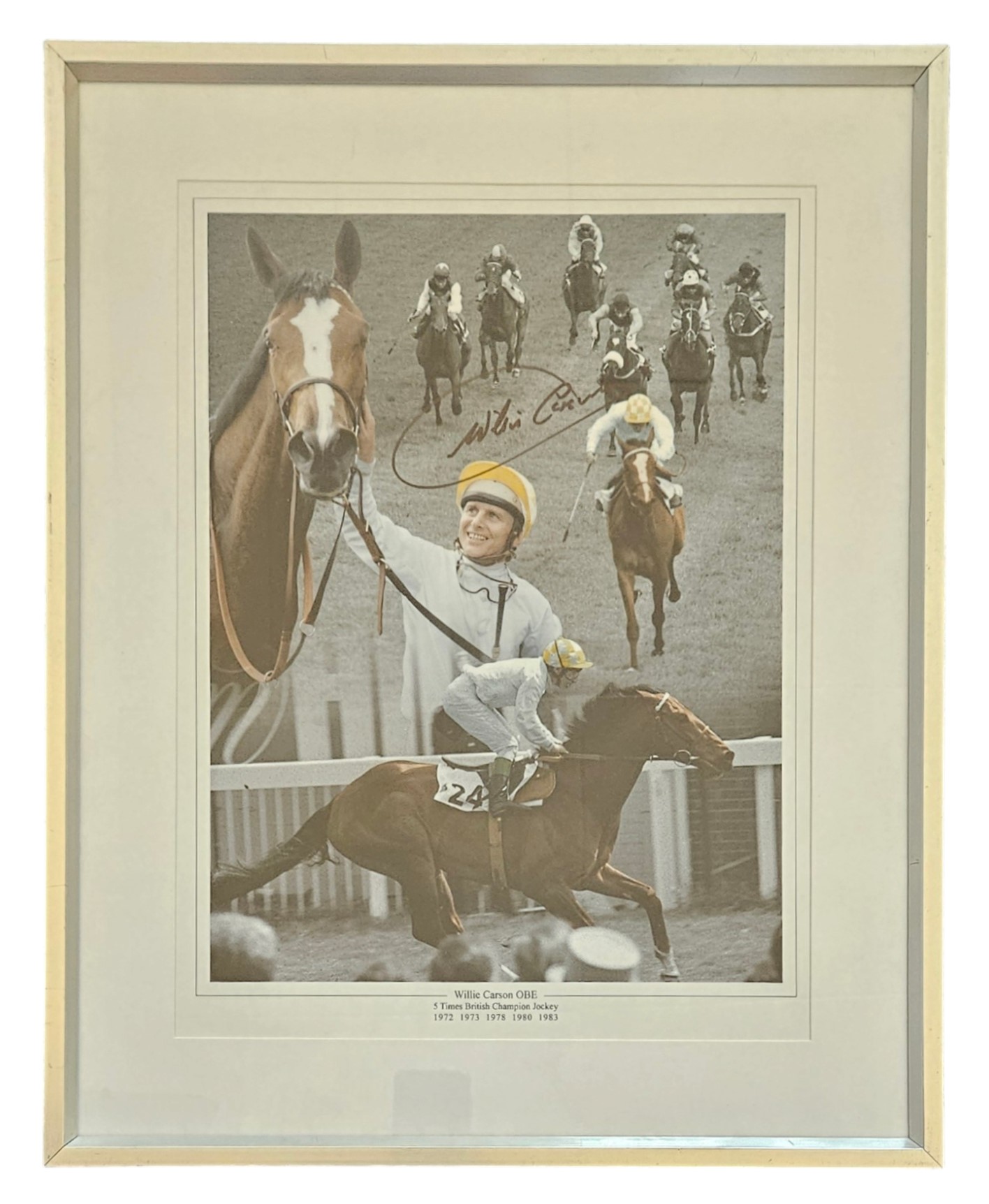 Willie Carson, OBE signed Colourised Photo Approx. 16x12 Inch Mounted in Silver Framed Approx.