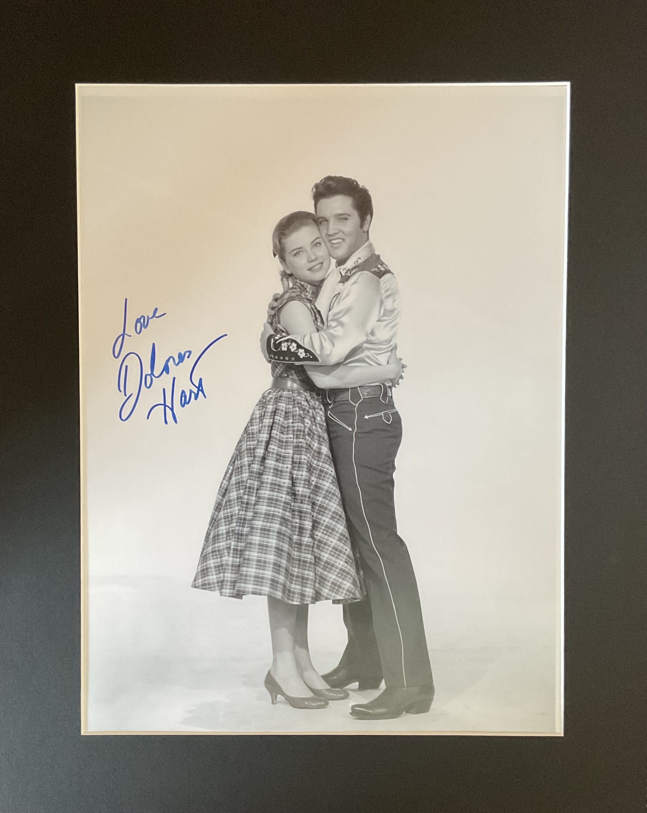 Dolores Hart signed 20x16 inch mounted black and white photo pictured with Elvis Presley. Good