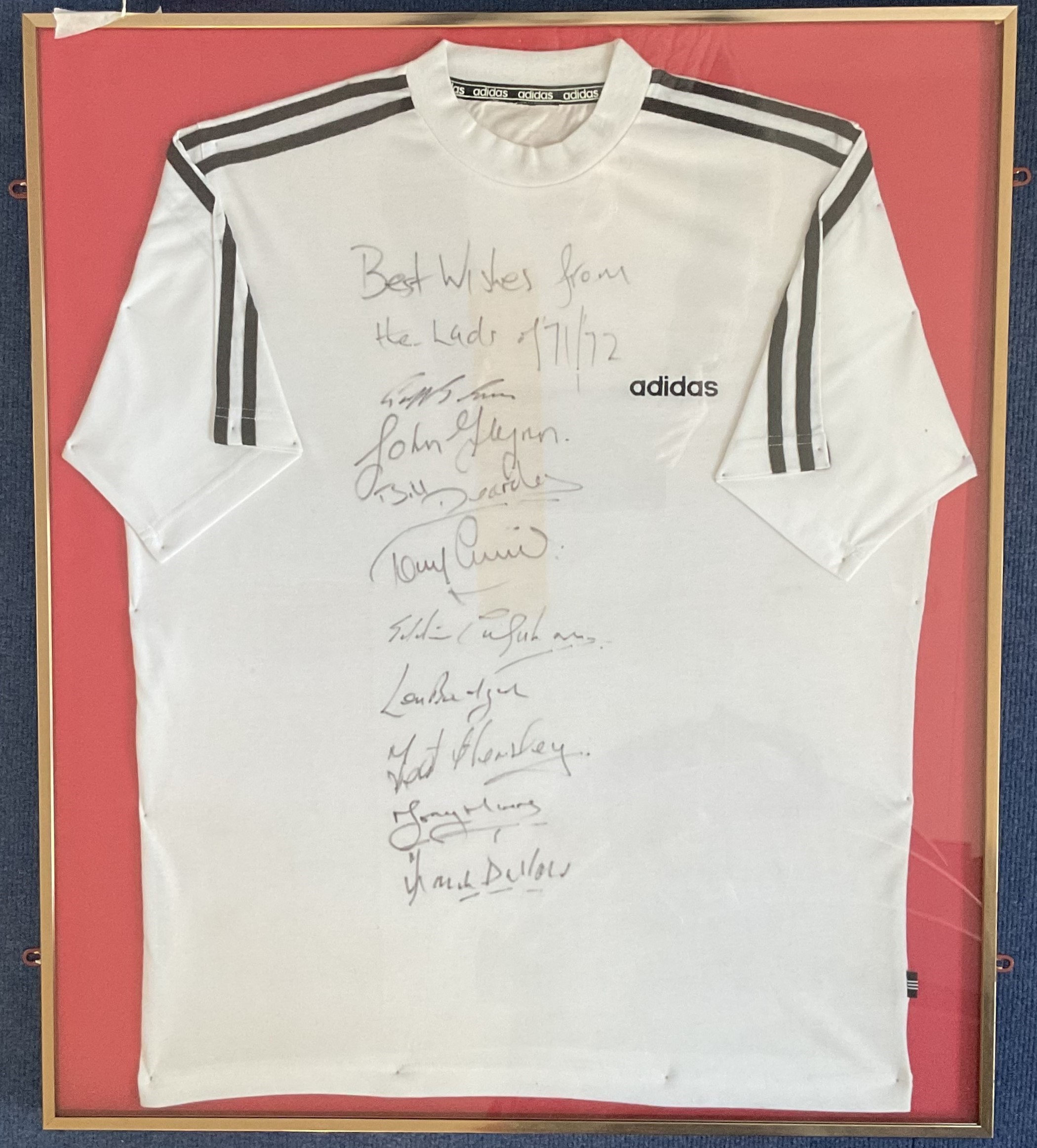 Sheffield United Promotion winning side 1971/72 multi signed 32x28 framed and mounted Adidas shirt