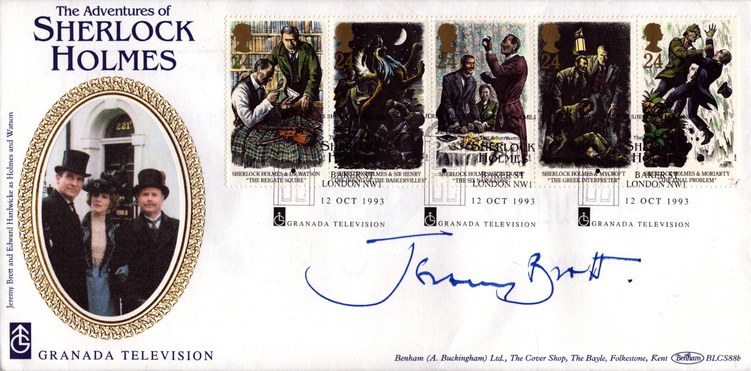 Jeremy Brett signed The Adventures of Sherlock Holmes Benham FDC triple pm Sherlock Holmes Granada