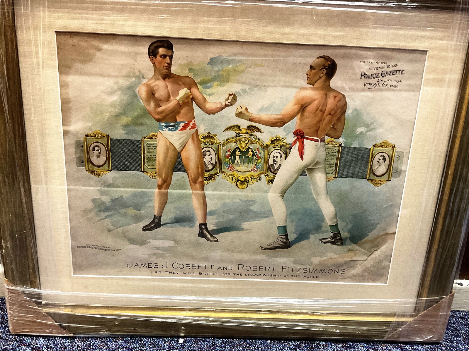 Rare Police Gazette Original Colour Boxing Poster of James Corbett Vs Robert Fitzsimmons on Dec