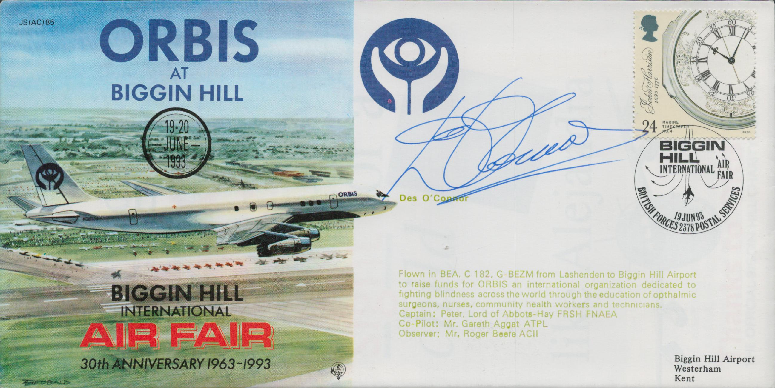 Des O'Connor signed Biggin Hill International Air fair FDC. Good Condition. All autographs come with