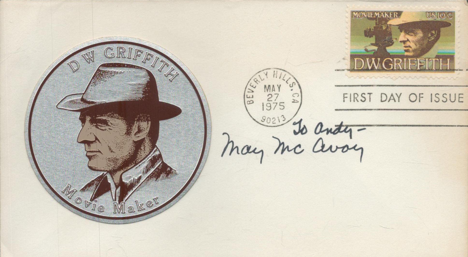 May McAvoy signed FDC 'D W Griffith Movie Maker' Single Stamp FDI 27 May 1975 post marked Beverly