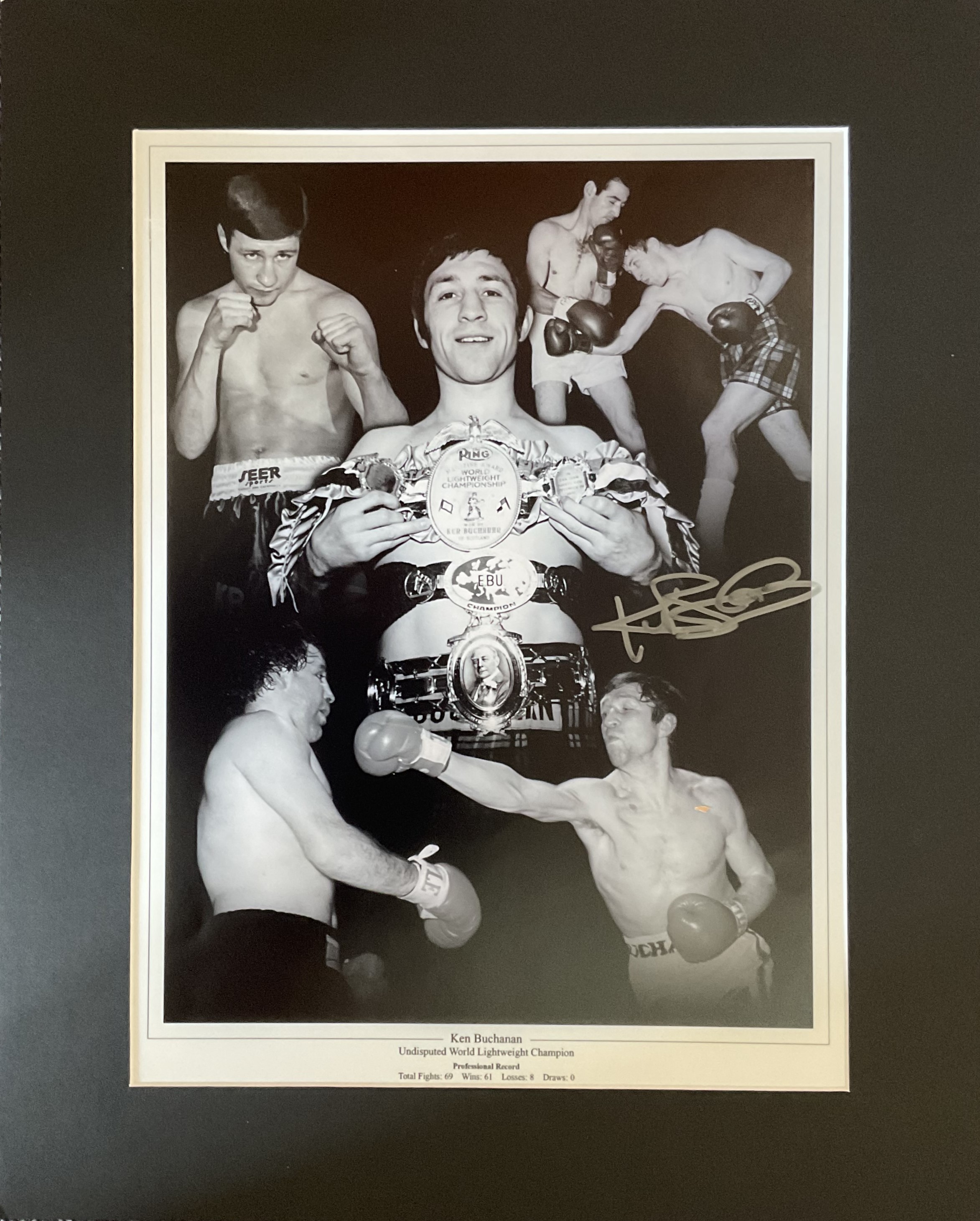 Ken Buchanan signed 20x16 inch mounted black and white montage photo. Good Condition. All autographs