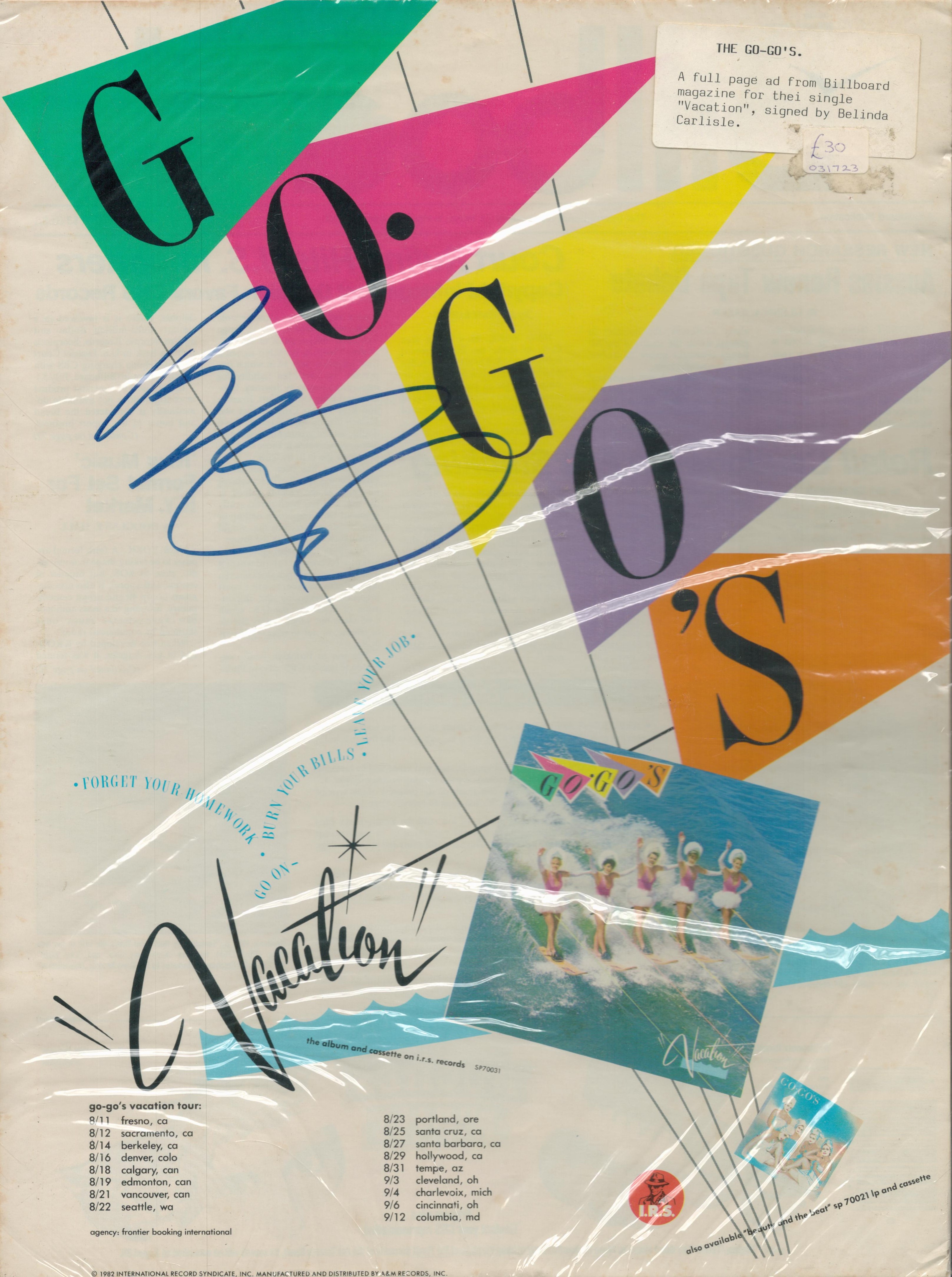 Berlinda Carlisle signed Gogo's full page ad from Billboard magazine for the single "Vacation.