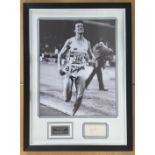 Lord Sebastian Coe signed white card mounted and framed with black and white photo of him breaking