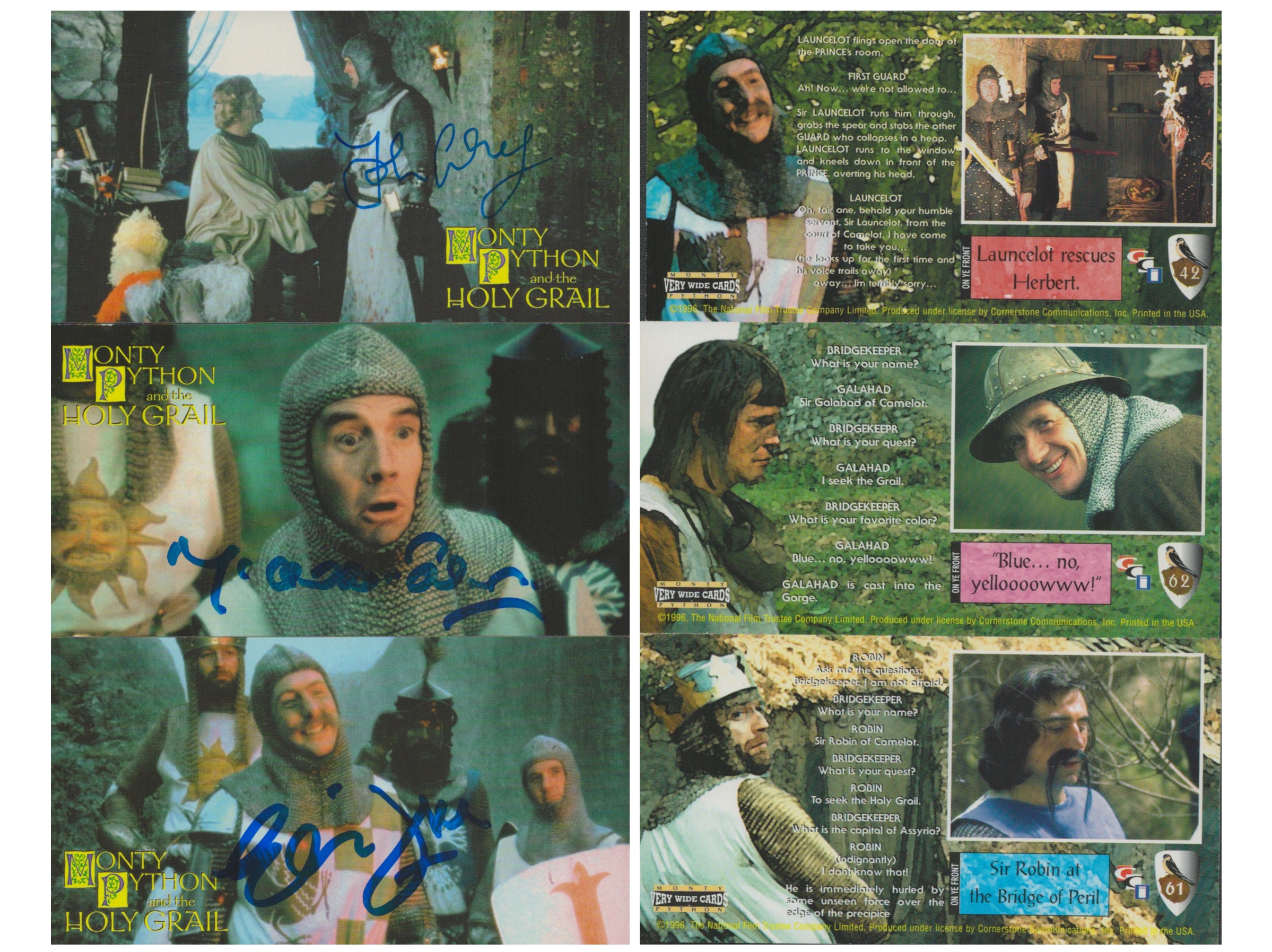 Monty Python and the Holy Grail, three original signed oversize trading cards, produced by