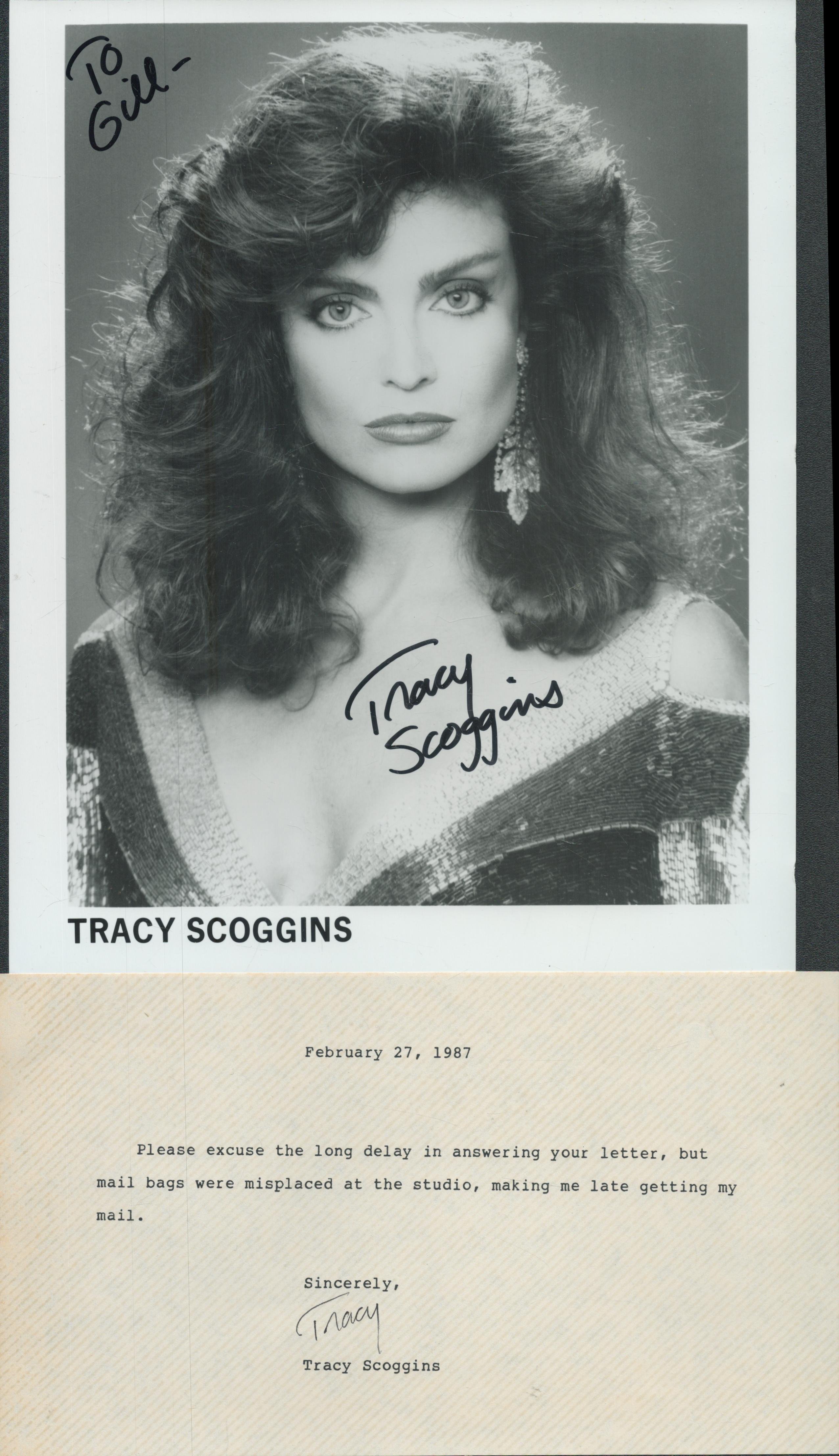 Tracy Scoggins signed 10x8inch black and white photo with TLS. Dedicated. Good Condition. All