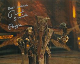 Star Wars movie scene 8 x 10 inch colour photo signed by actor Richard Stride as Poggle. Richard