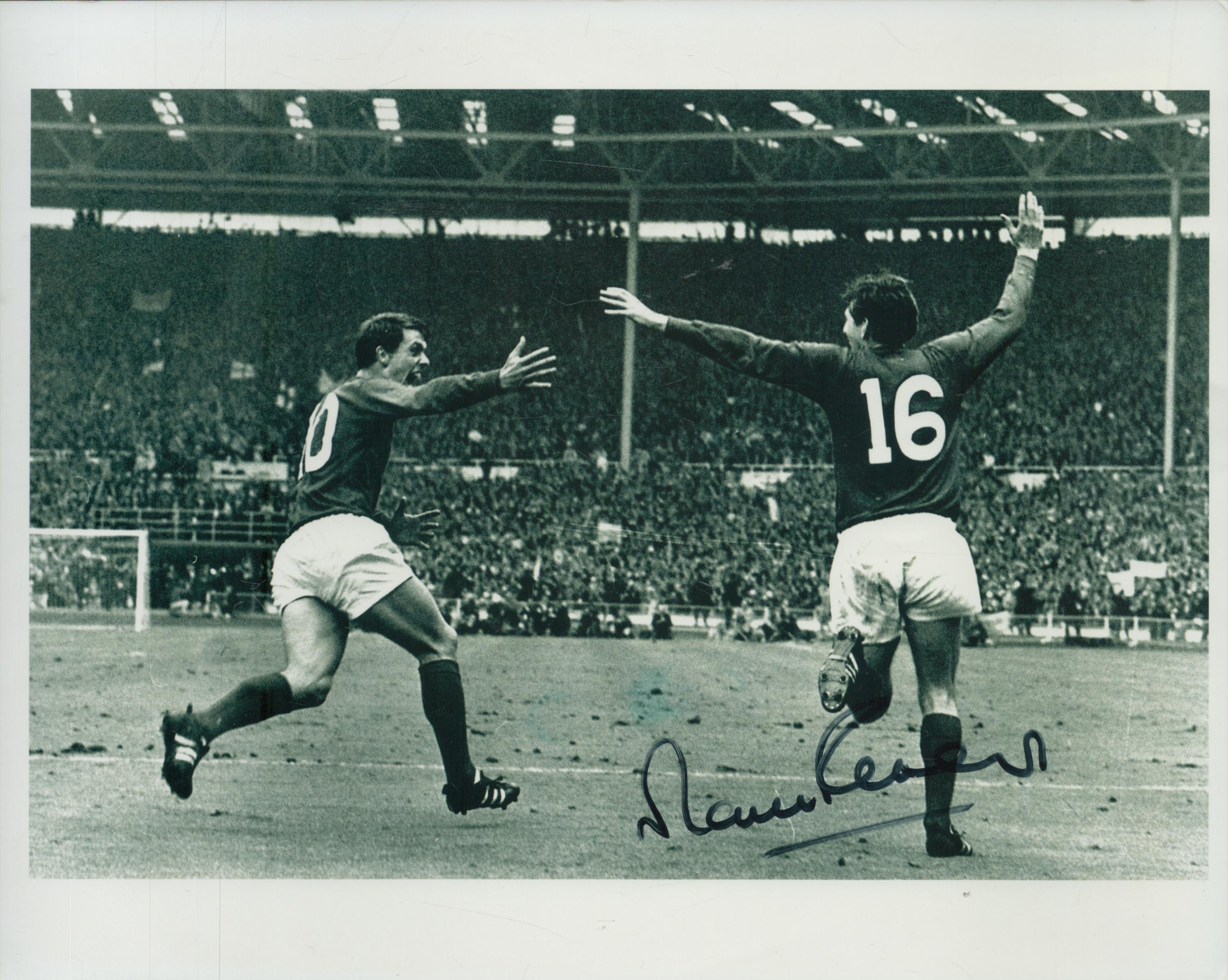 Marin Peters signed 10x8 inch black and white photo pictured celebrating after scoring in the 1966