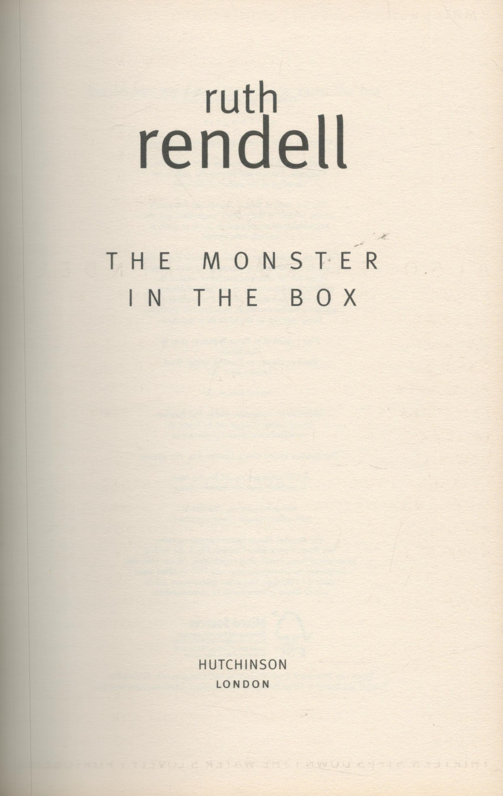 Ruth Rendall 1st Edition Hardback Book Titled The Monster In The Box. Spine and Dust jacket in - Image 2 of 3