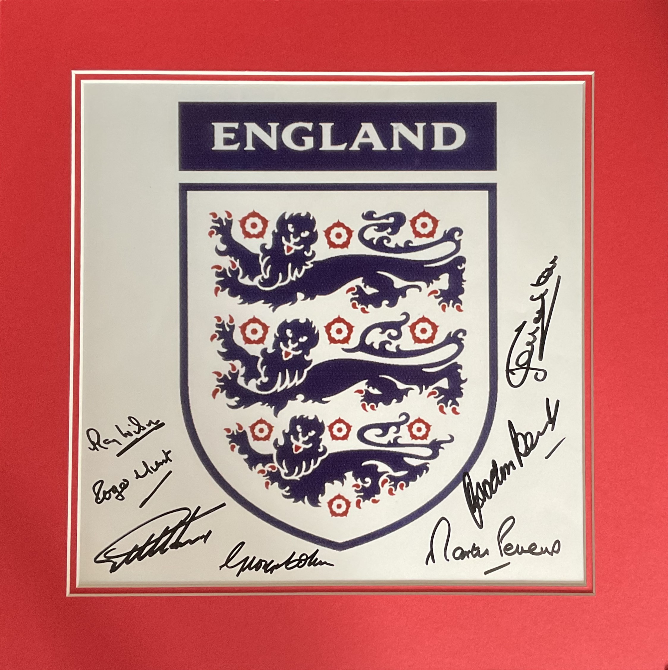 England 1966 World Cup Winners multi signed Three Lions 16x16 inch mounted signature piece