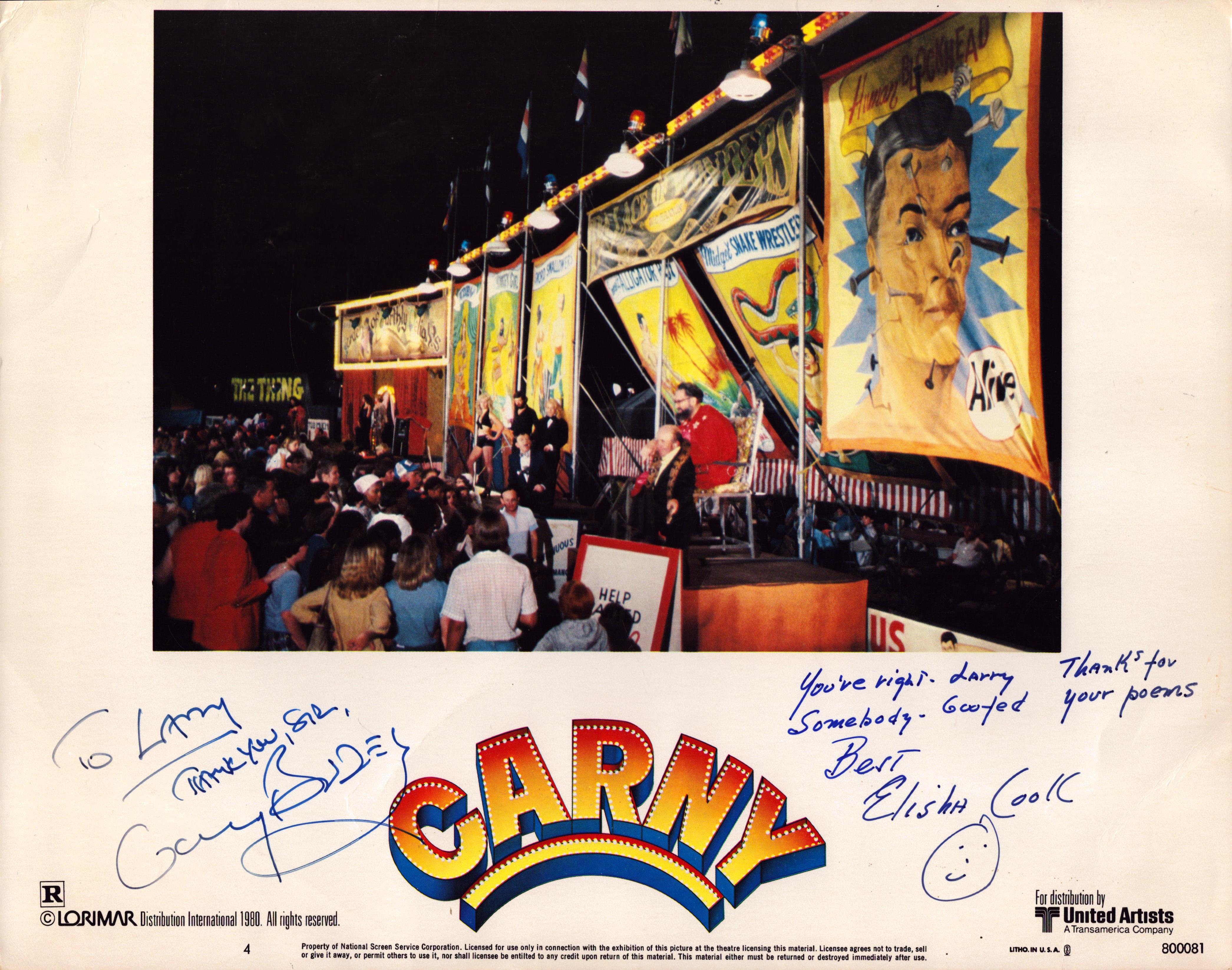 Gary Busey and Elisha Cook Jr signed Carny 14x11 inch vintage colour lobby card dedicated. Good