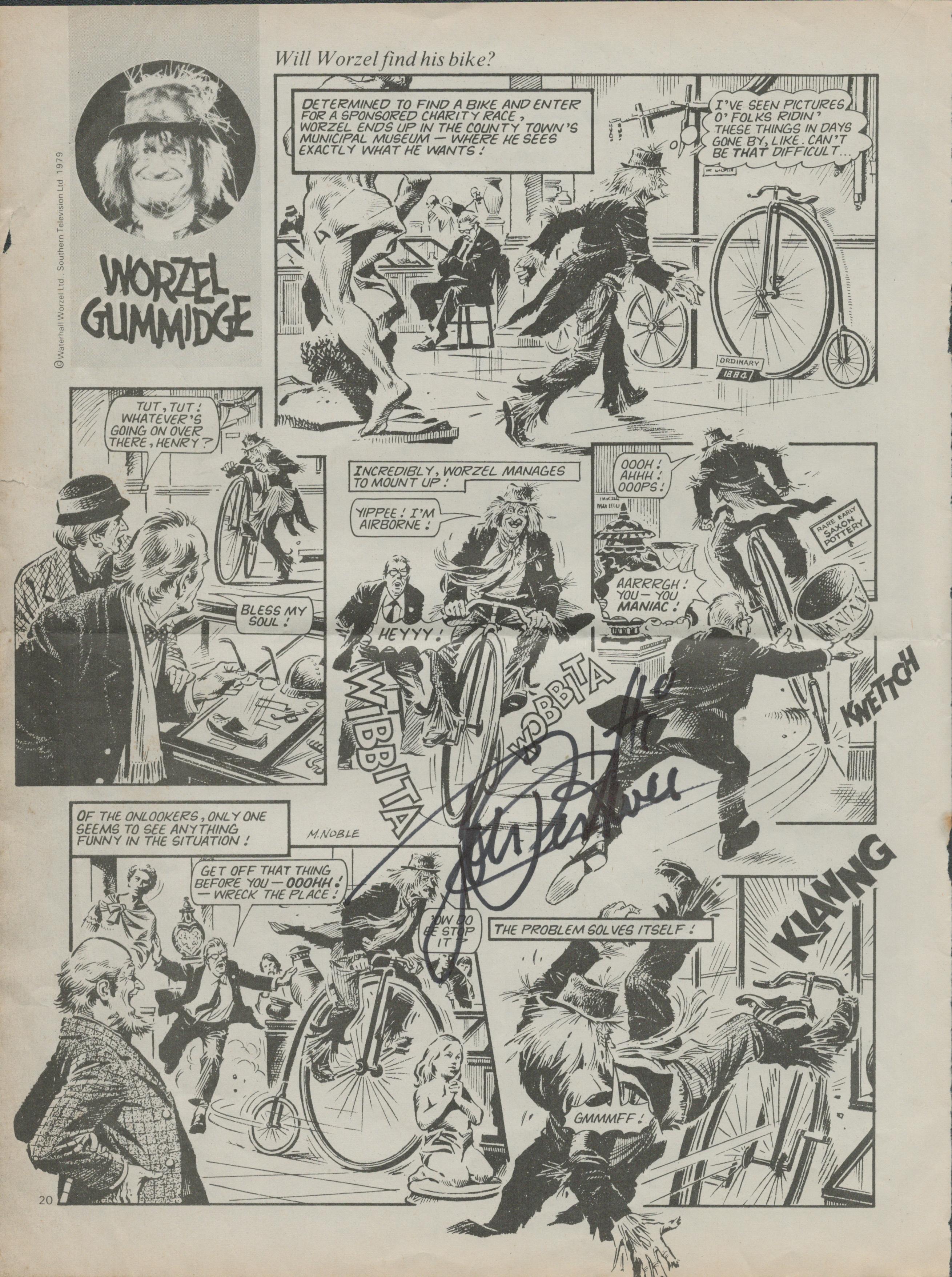 Jon Pertwee signed black and white newspaper comic page of Worzel Gummidge. Good Condition. All