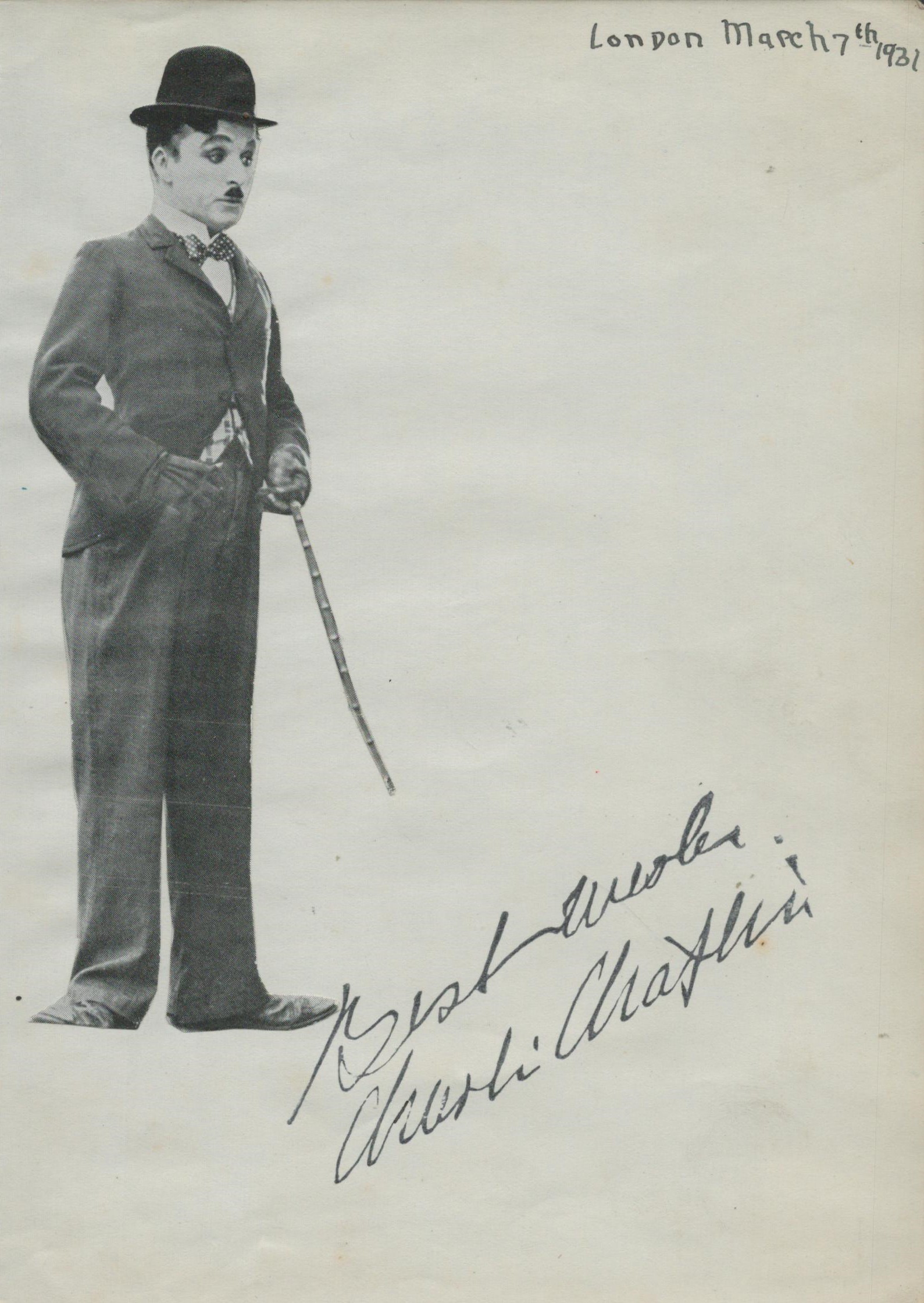 Charlie Chaplin signed 7x5inch black and white illustration/photo. Good Condition. All autographs