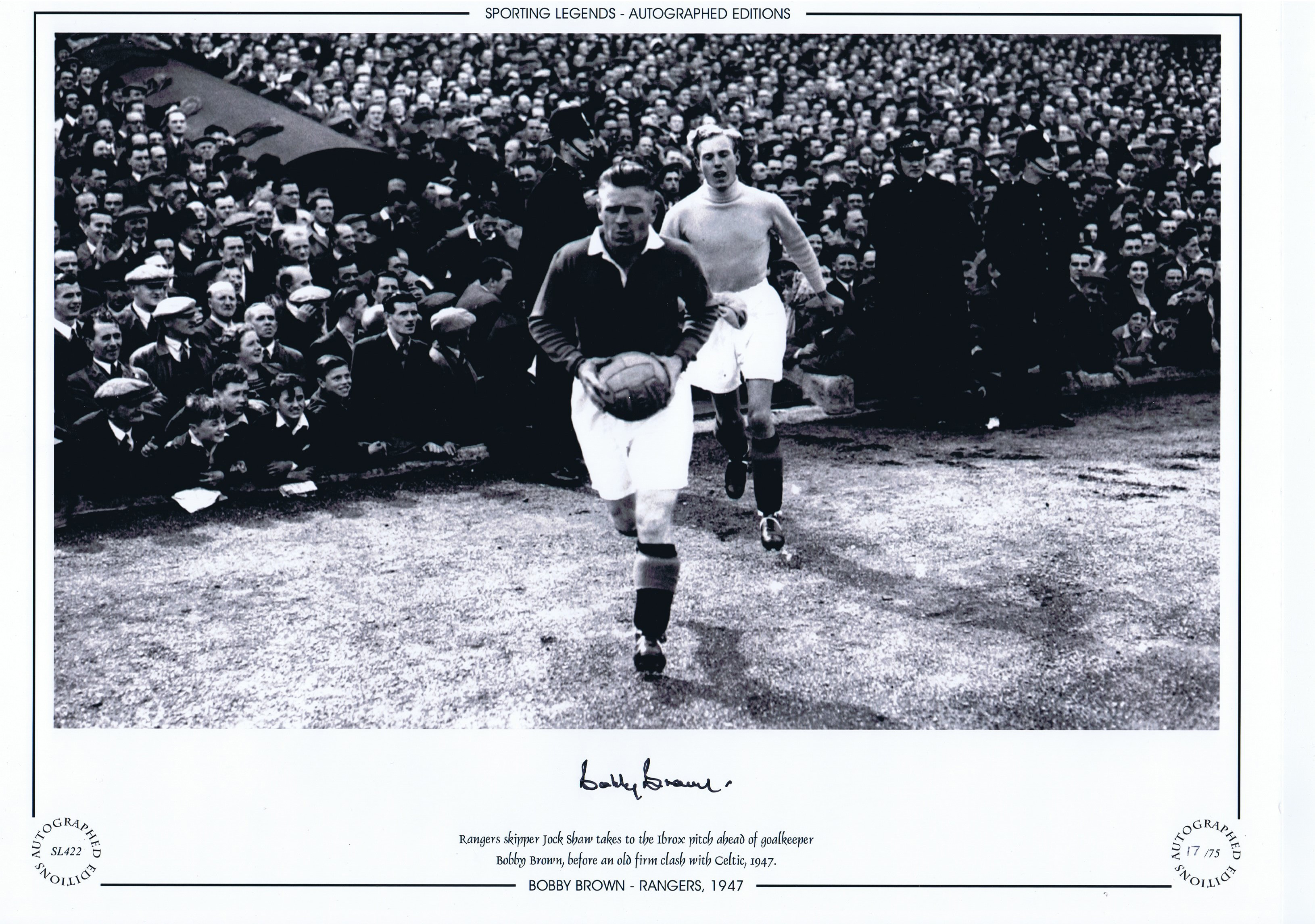 Autographed BOBBY BROWN 16 x 12 Limited Edition : B/W, depicting Rangers captain Jock Shaw,