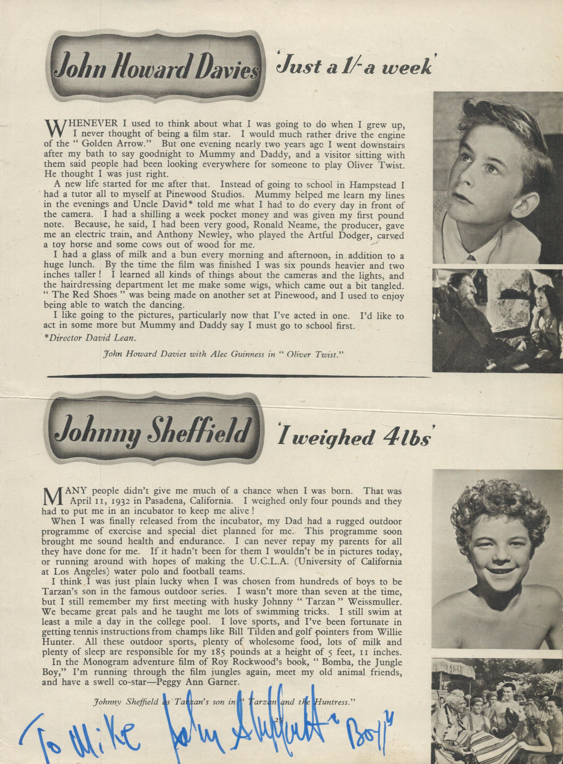 Johnny Sheffield signed magazine cut out page. Dedicated. 10.5x8 Inch. Good Condition. All