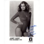 Janet Quist signed 10x8 inch vintage Playboy black and white promo photo dedicated. Good