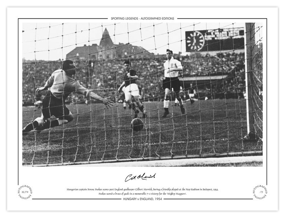 Autographed GIL MERRICK 16 x 12 Limited Edition : B/W, depicting Hungarian captain Ferenc Puskas