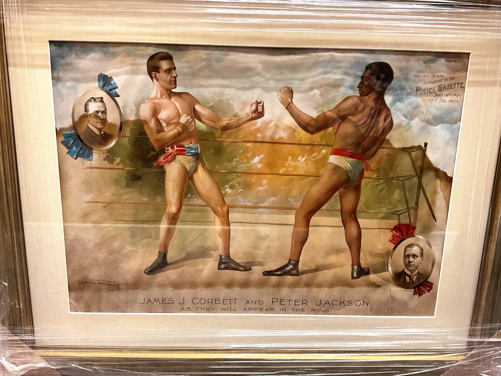 Rare Police Gazette Original Colour Boxing Poster of James Corbett Vs Peter Jackson on May 19th,