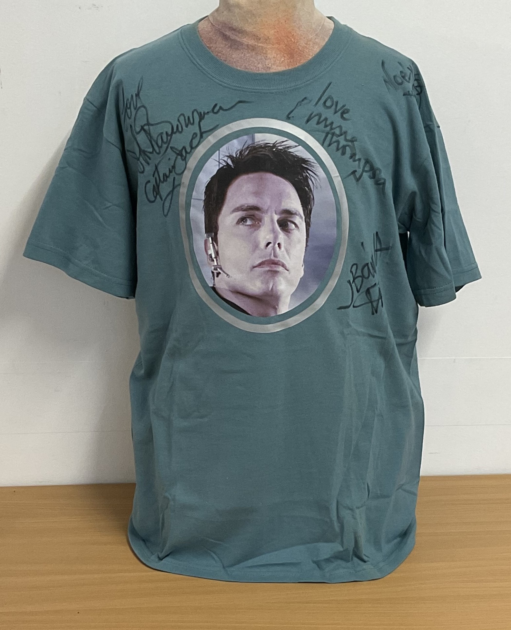 John Barrowman, Emma Thompson, Noel Fielding and Julian Barrett signed T-shirt worn by house band on