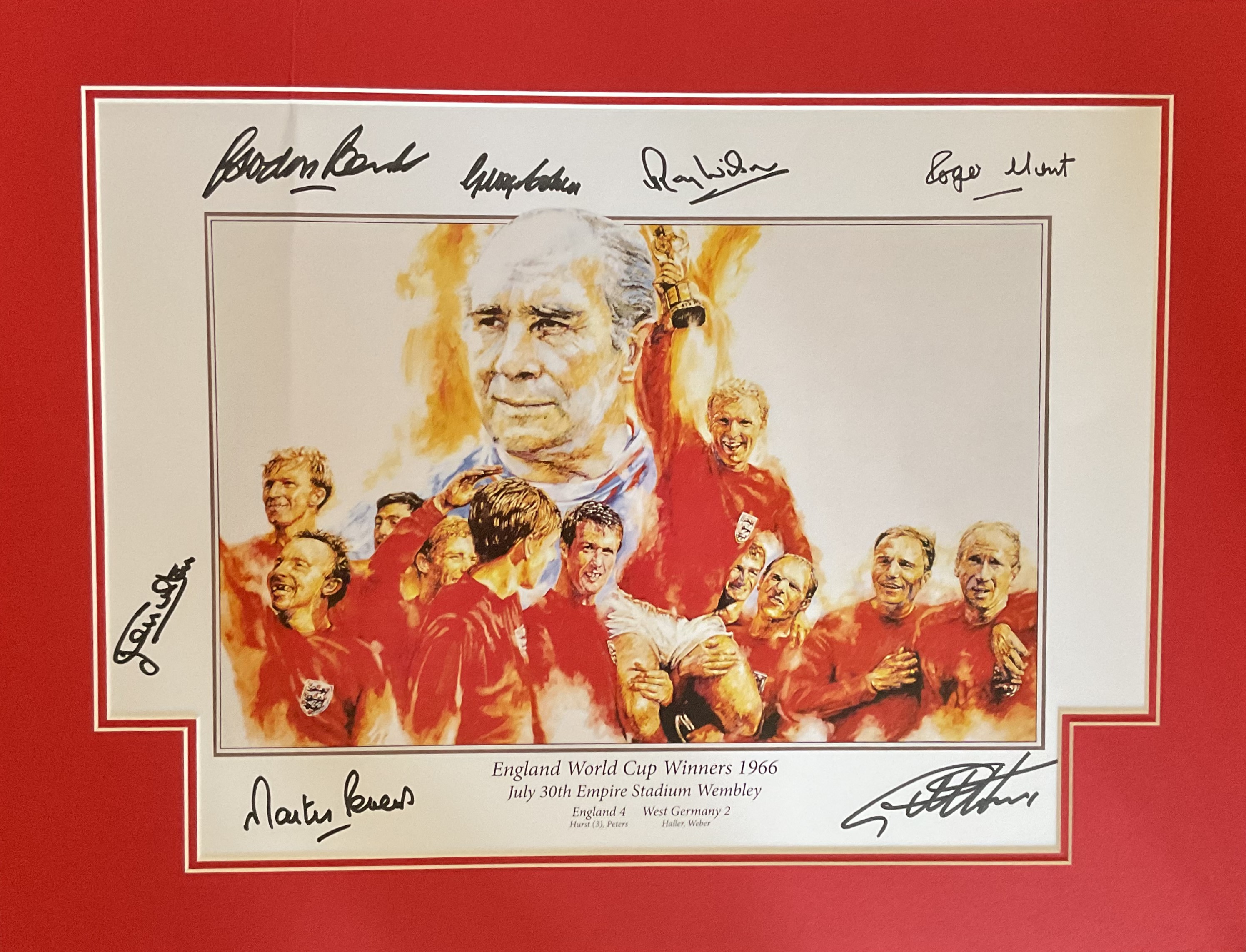 England 1966 World Cup Winners multi signed 23x17 inch overall mounted print includes Gordon