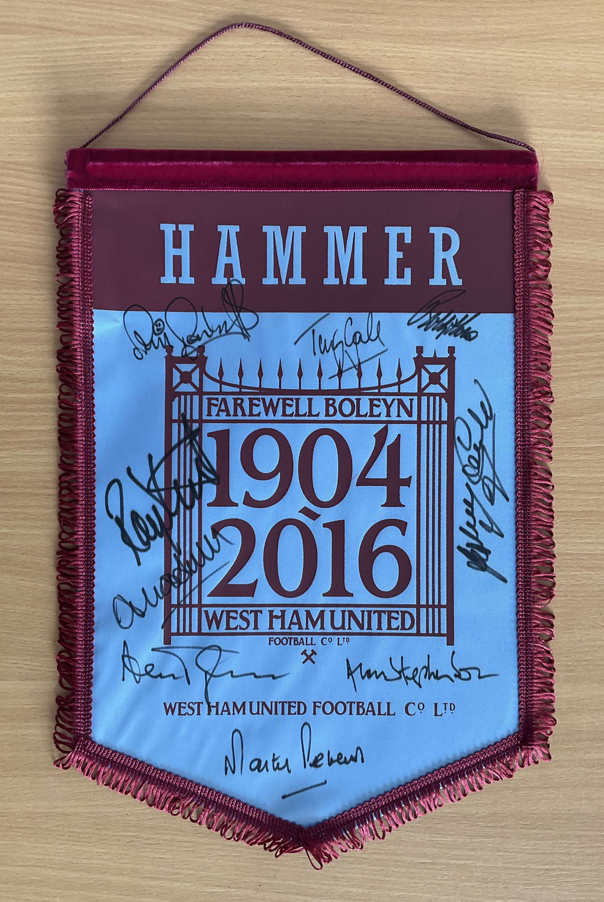 West Ham Legends multi signed Farewell Boleyn 1904-2016 pennant includes Phil Parkes, Tony Gale, Ray