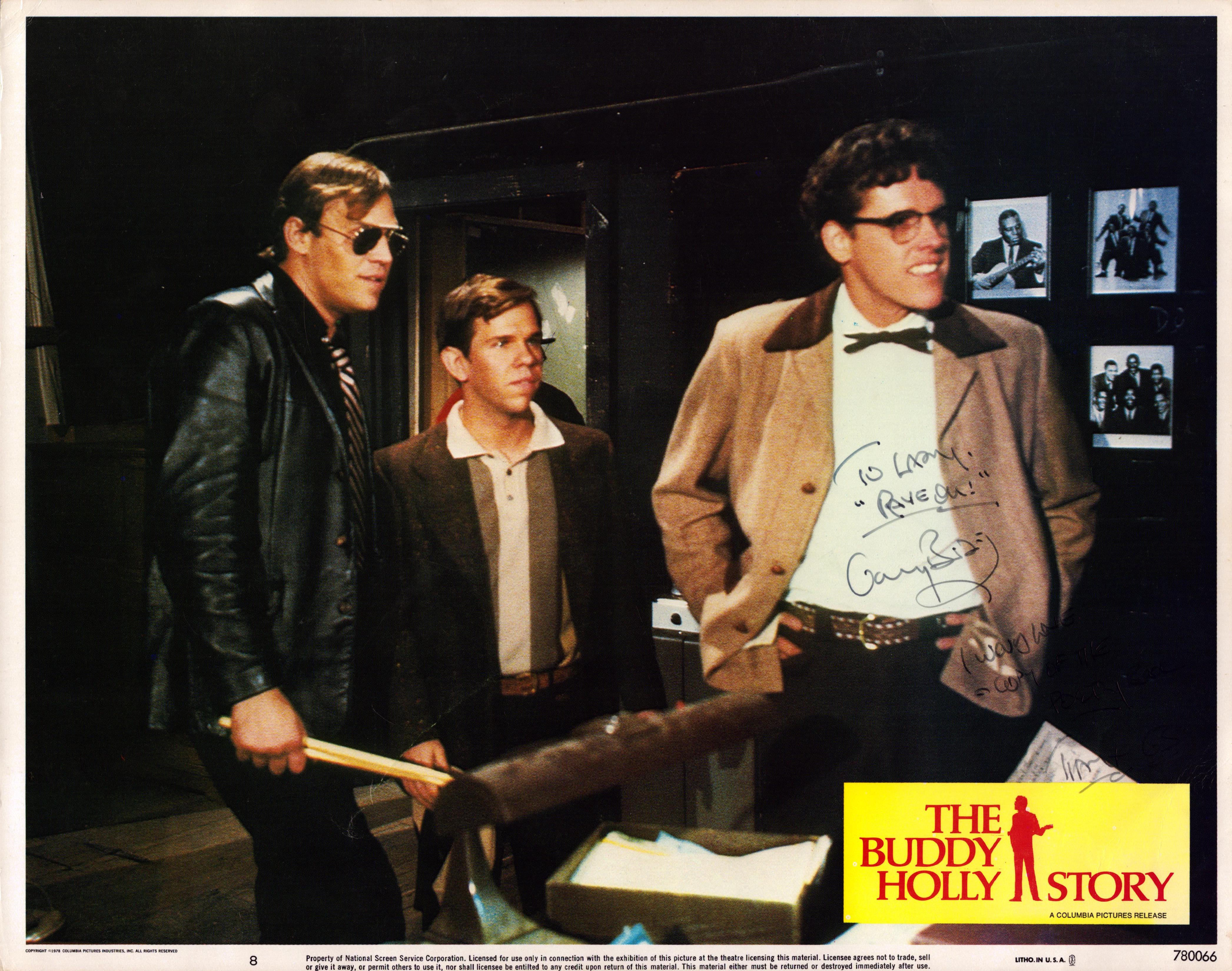 Gary Busey signed The Buddy Holly story 14x11 inch colour lobby card dedicated. Good Condition.