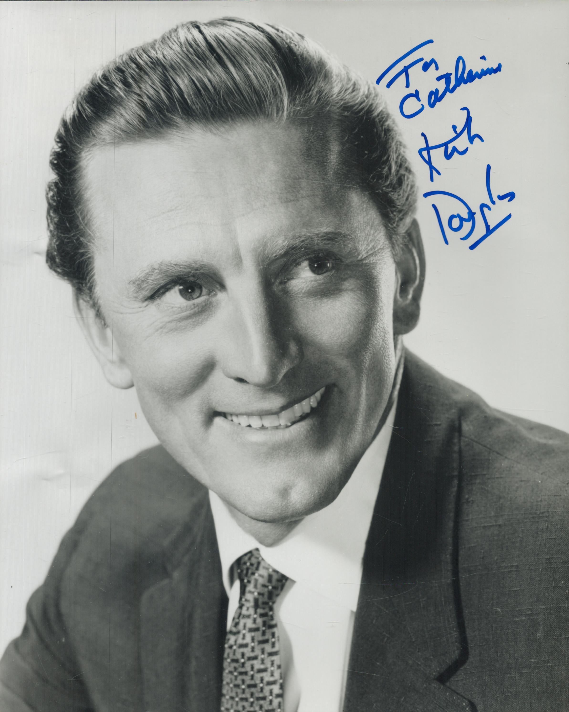 Kirk Douglas signed 10x8 inch black and white photo dedicated. Good Condition. All autographs come