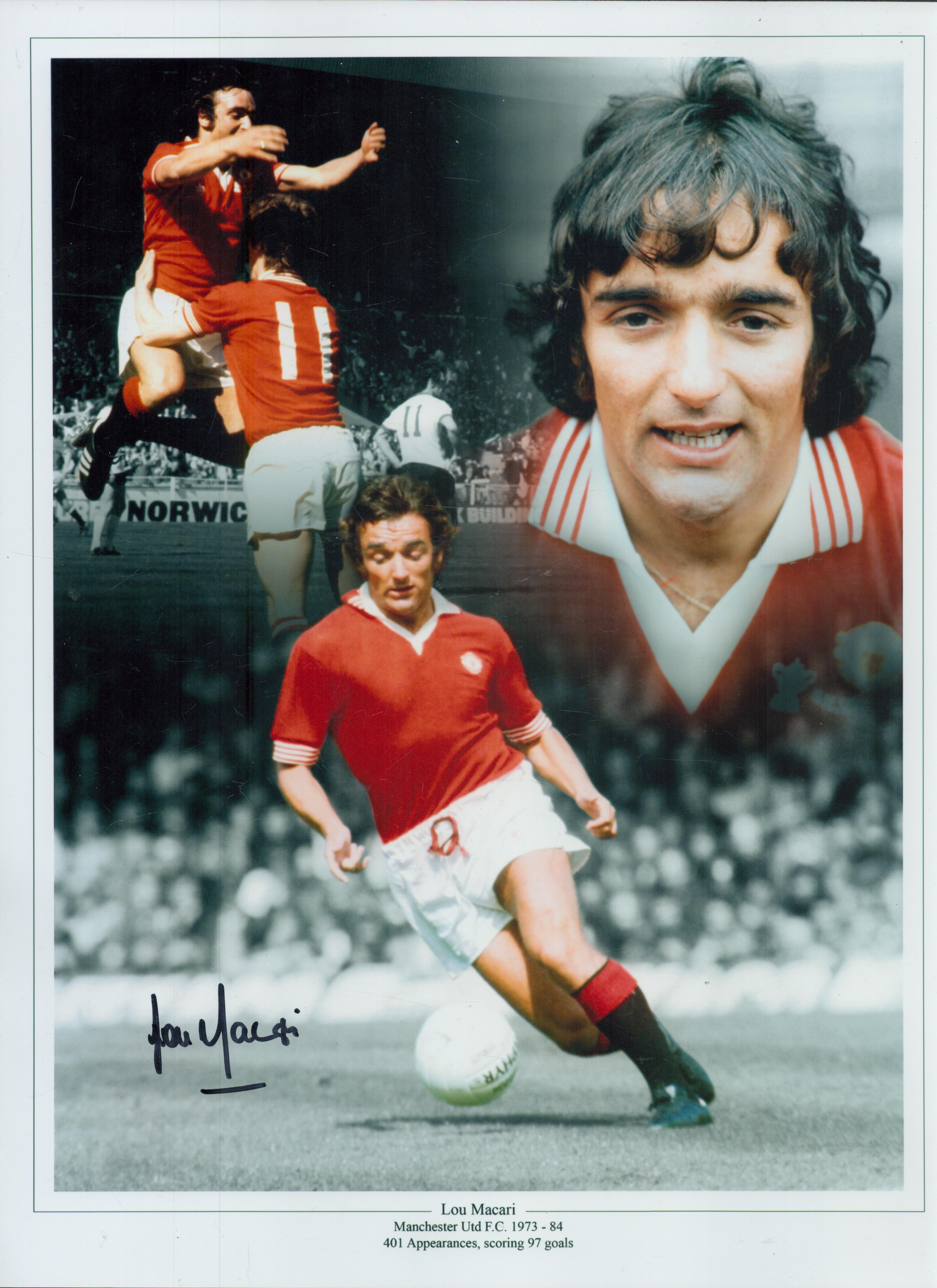Lou Macari signed 16x12 inch colour montage print pictured during his time with Manchester United.
