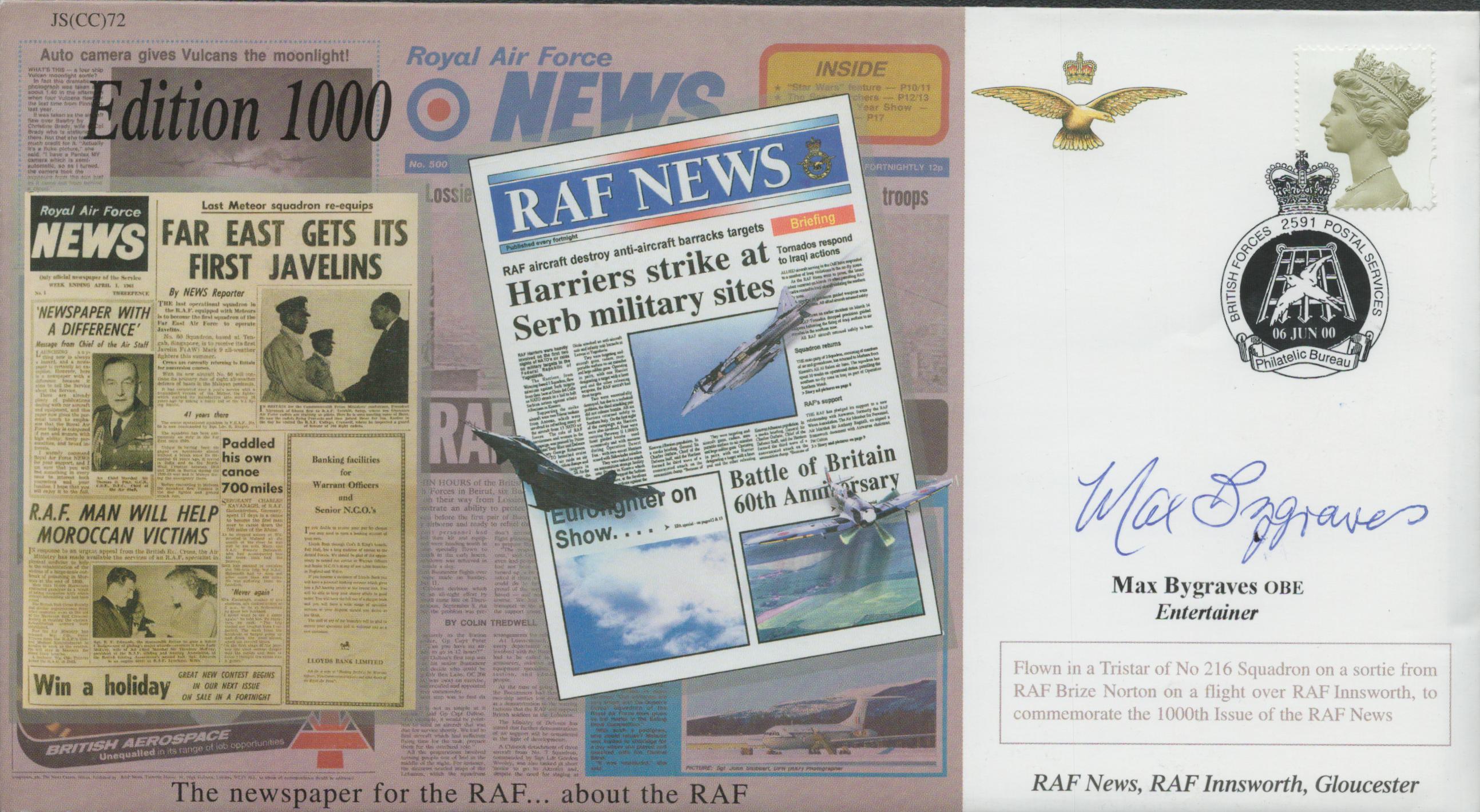 Max Bygraves OBE signed RAF news FDC. Good Condition. All autographs come with a Certificate of
