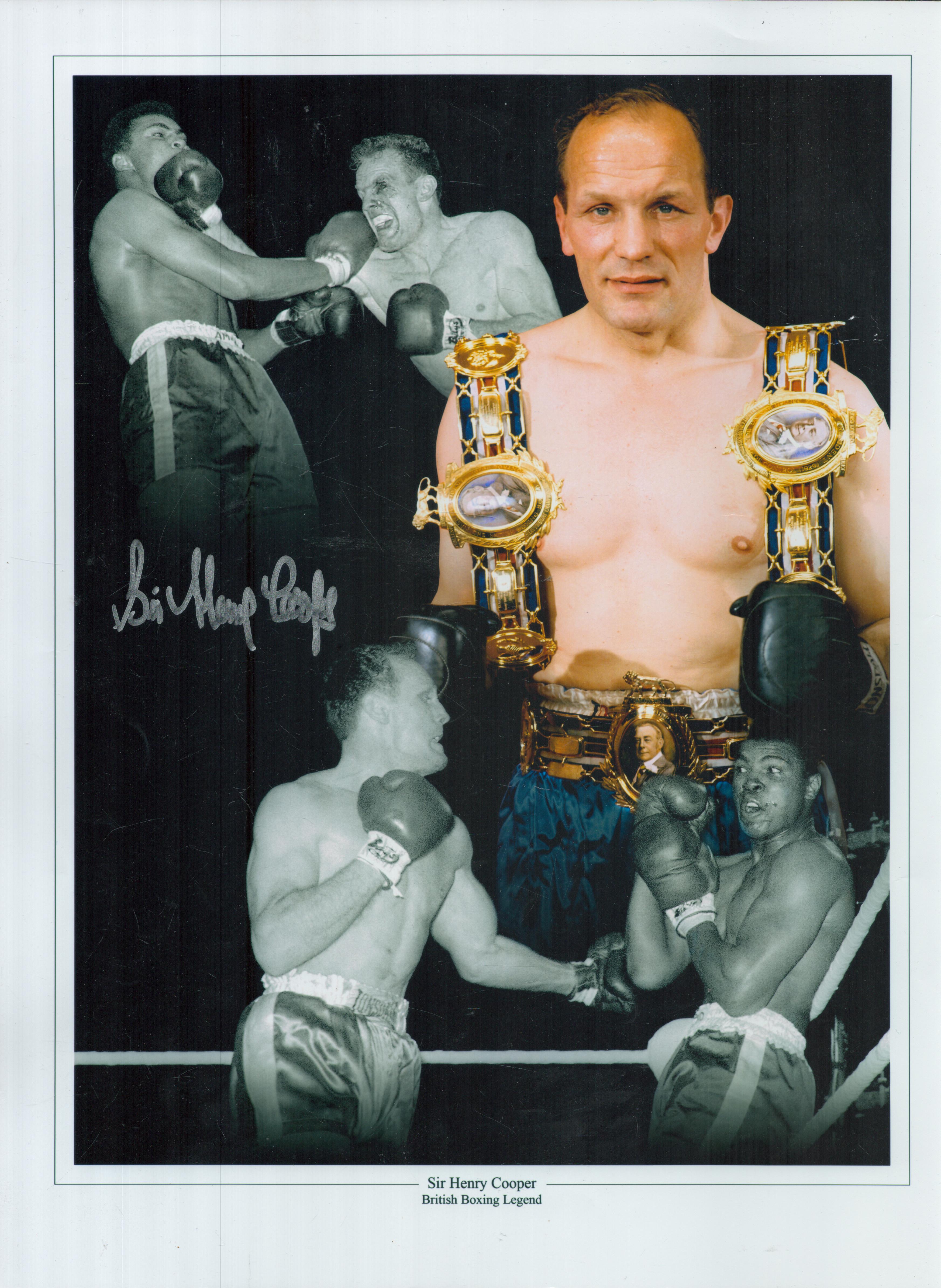 Sir Henry Cooper British Boxing Legend signed 16x12 colourised montage print. Good Condition. All
