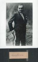 Enrico Caruso signed 4x2 inch album page cutting and 10x8 inch vintage black and white photo. Good