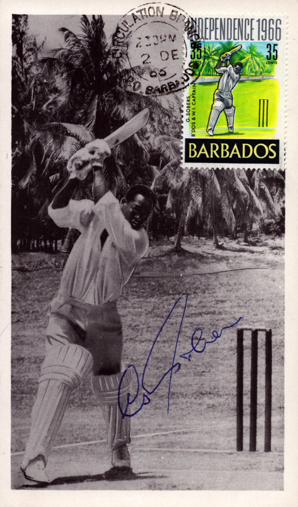 Gary Sobers signed Barbados Independence 1966 FDI card PM Circulation Branch Barbados 2 DEC 66. Good