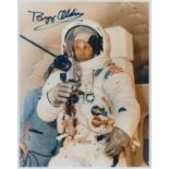 Buzz Aldrin signed 10x8 inch colour photo pictured in space suit. Apollo II NASA Astronaut. Good