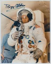 Buzz Aldrin signed 10x8 inch colour photo pictured in space suit. Apollo II NASA Astronaut. Good