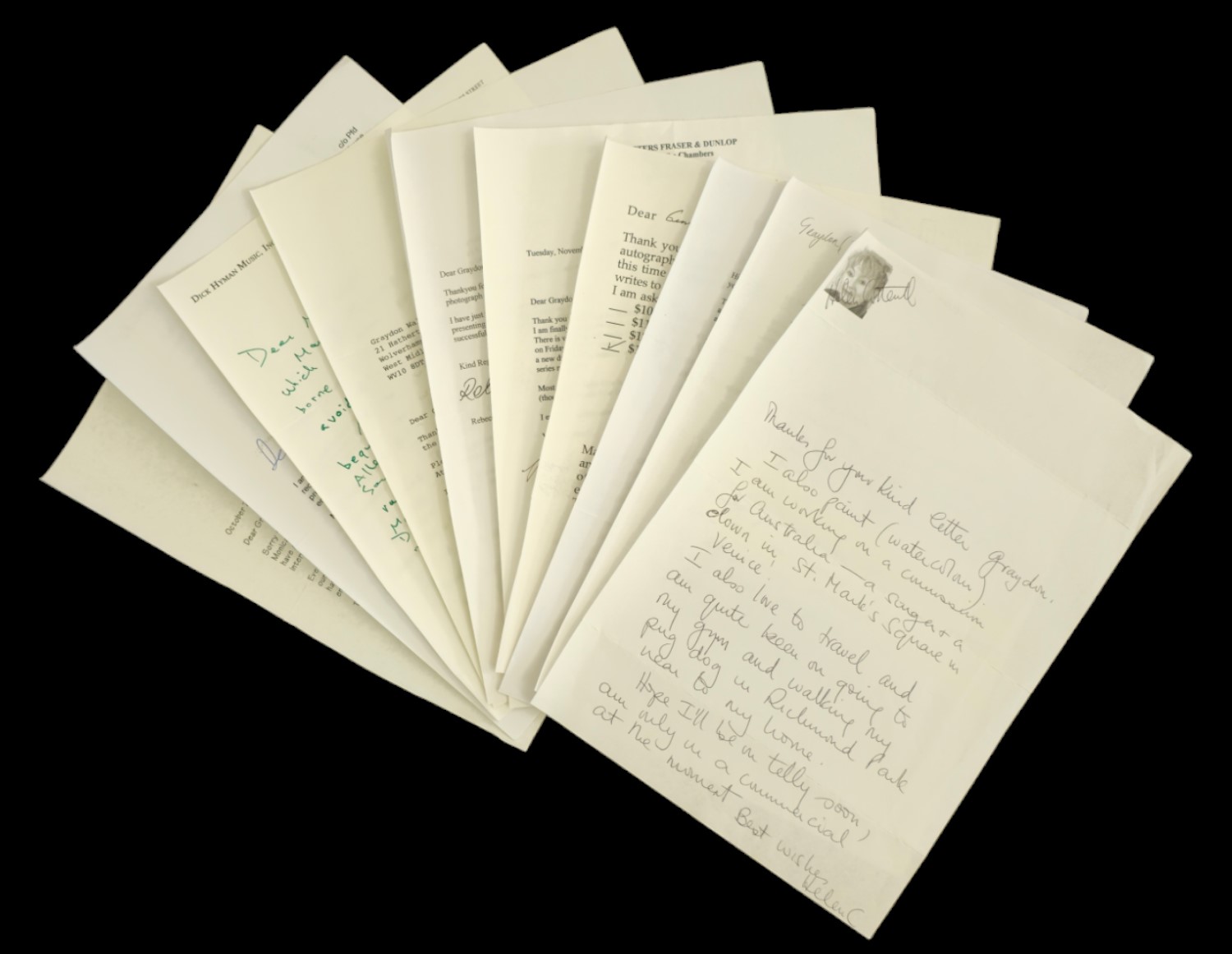 Entertainment Music/Actor/Actresses. 10 x Collection of signed Letters signatures such as Helen
