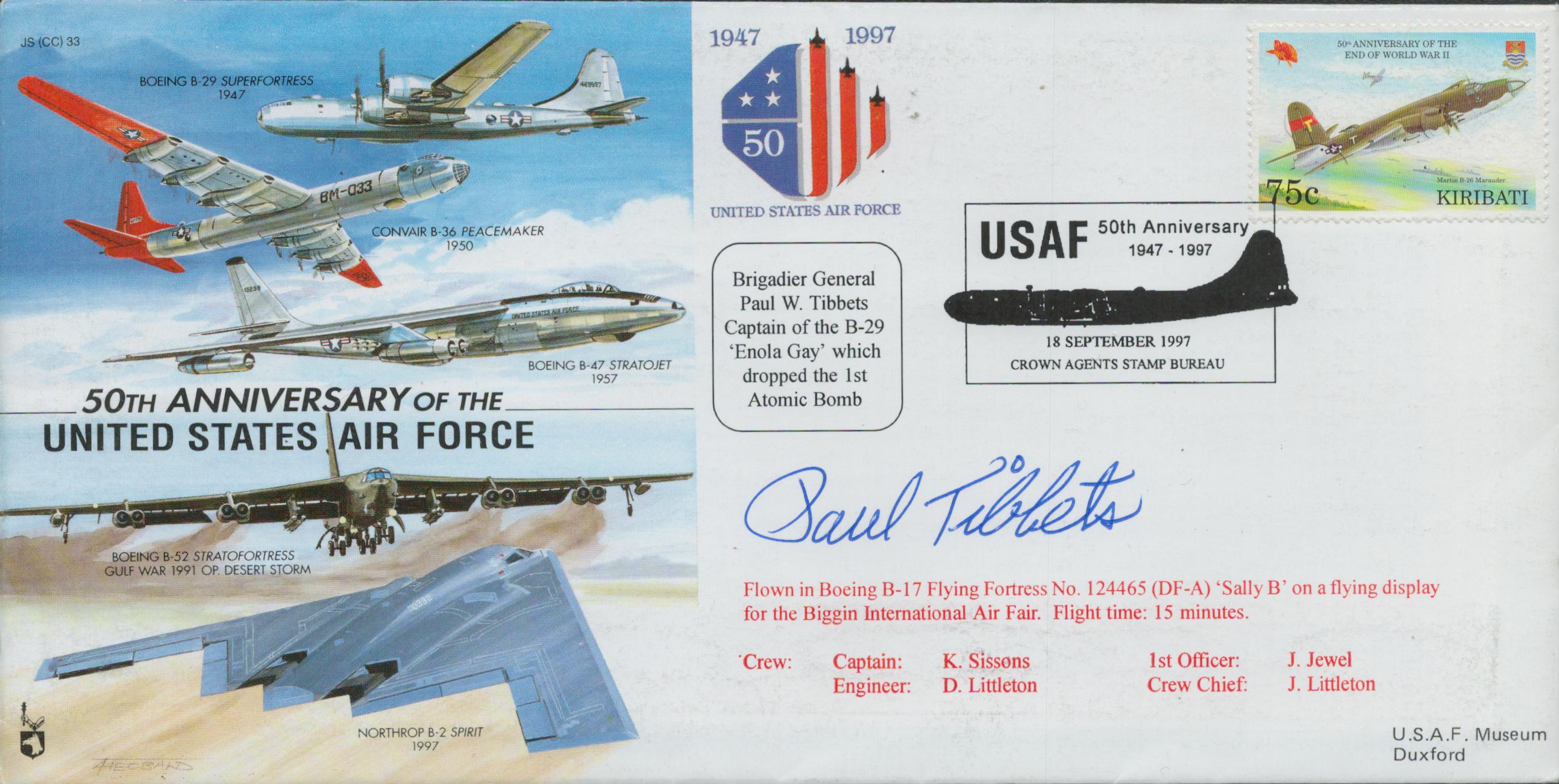 Brigadier General P W. Tibbets signed 50th Anniversary of the United States Air Force flown FDC PM