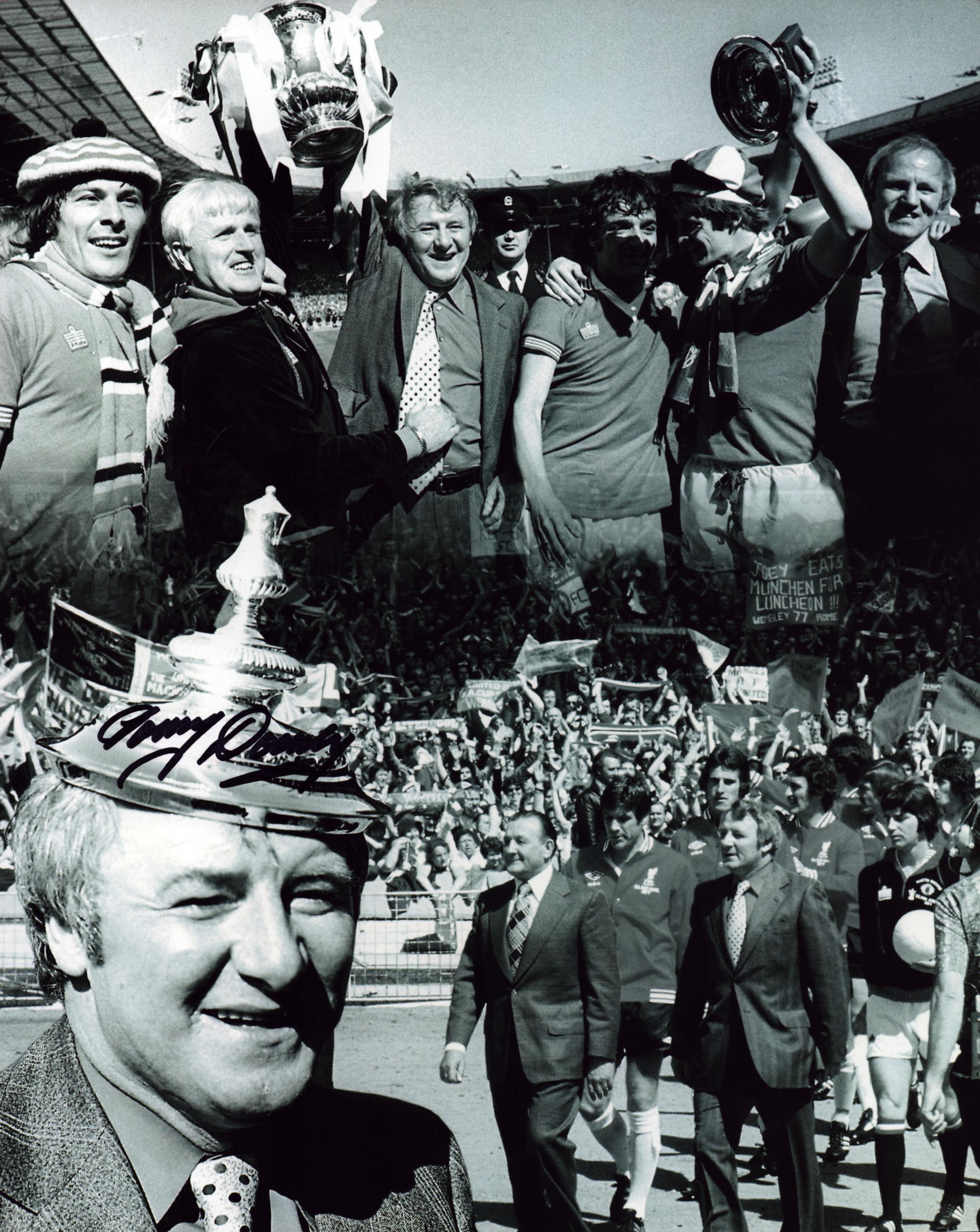 Tommy Docherty signed 10x8 inch black and white montage photo pictured during his time as manager of