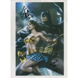 Adam West and Lynda Carter signed Batman and Wonder Woman 16x12 inch colour print illustration. Good