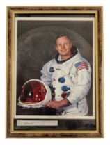 Neil Armstrong signed 13x10 inch overall colour photo pictured in space suit signature faded. Good