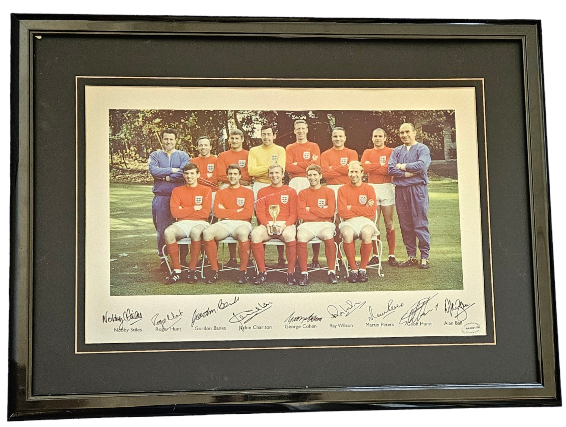 Multi signed Nobby Stiles, Roger Hunt, Gordon Banks, Jackie Charlton, George Cohen, Ray Wilson,