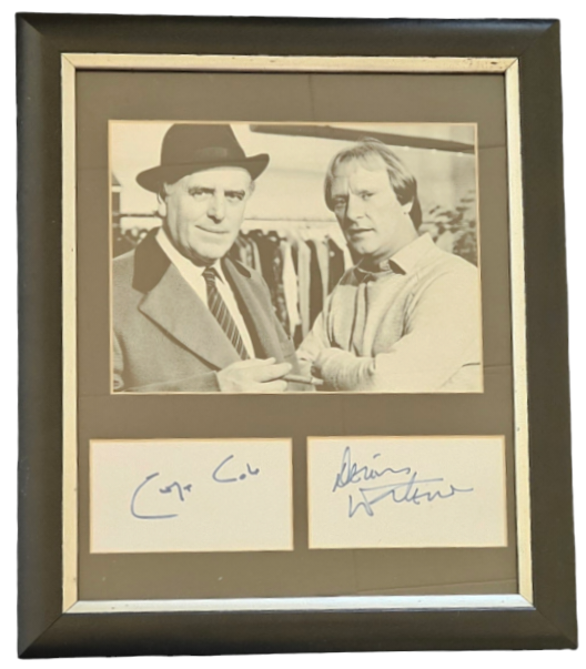 Signed George Cole and Dennis Waterman signature white cards Mounted Display 5x3 Inch includes Black
