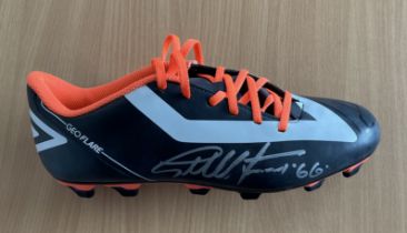 Geoff Hurst signed Umbro black and orange football boot. Size 9. Good Condition. All autographs come