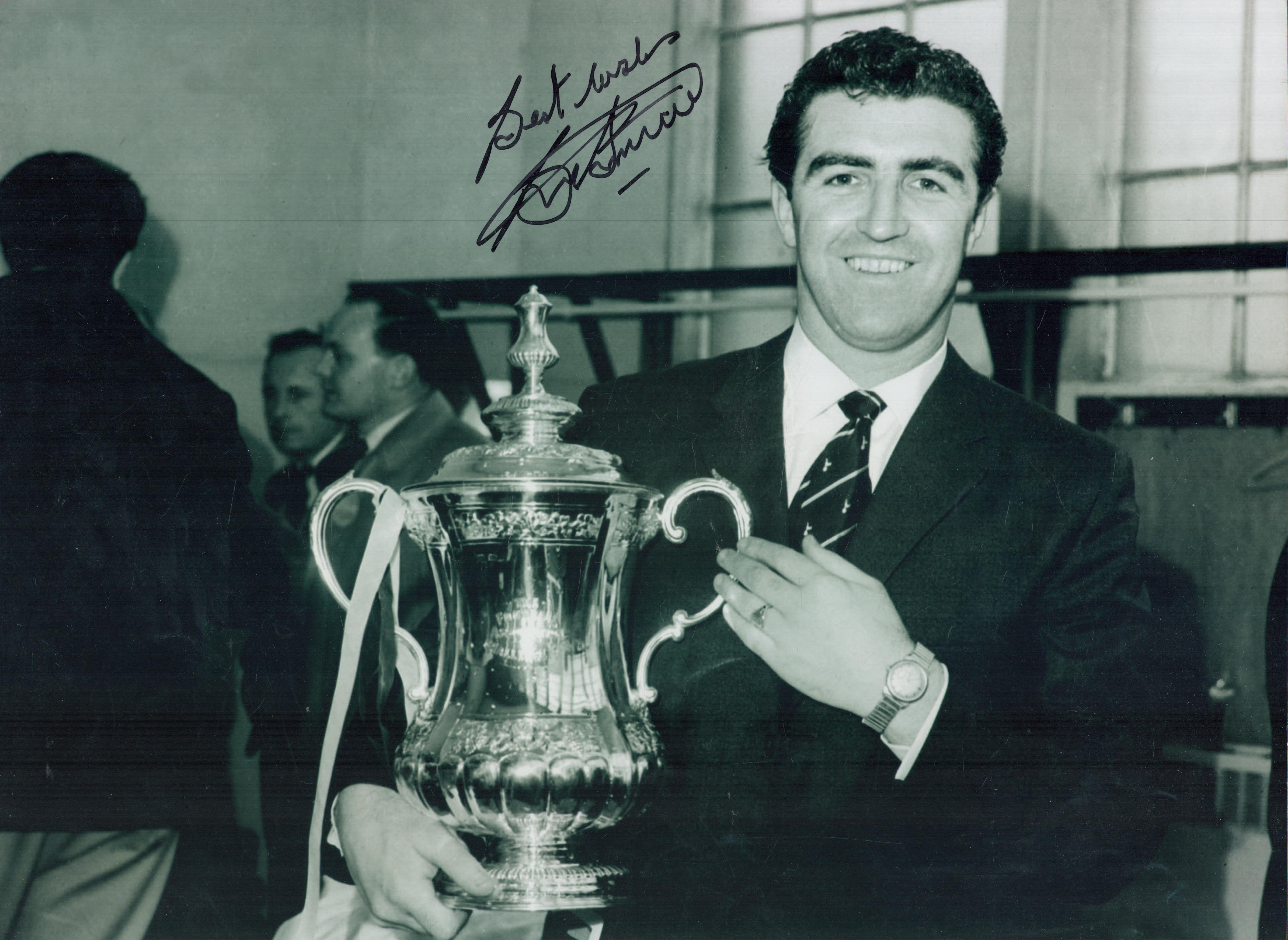 Bobby Smith signed 16x12 inch black and white photo picturing the Spurs legend with the FA Cup. Good