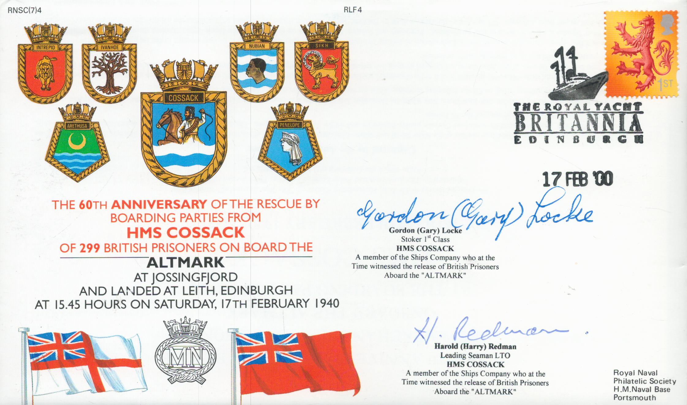 WW2 Navy HMS Cossack boarding Altmark 60th ann double signed official cover. Autographed by