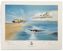 WW2 RAF multiple signed 617 sqn 50 year Tornado, Vulcan and Lancaster print by John Larder. 50 Years